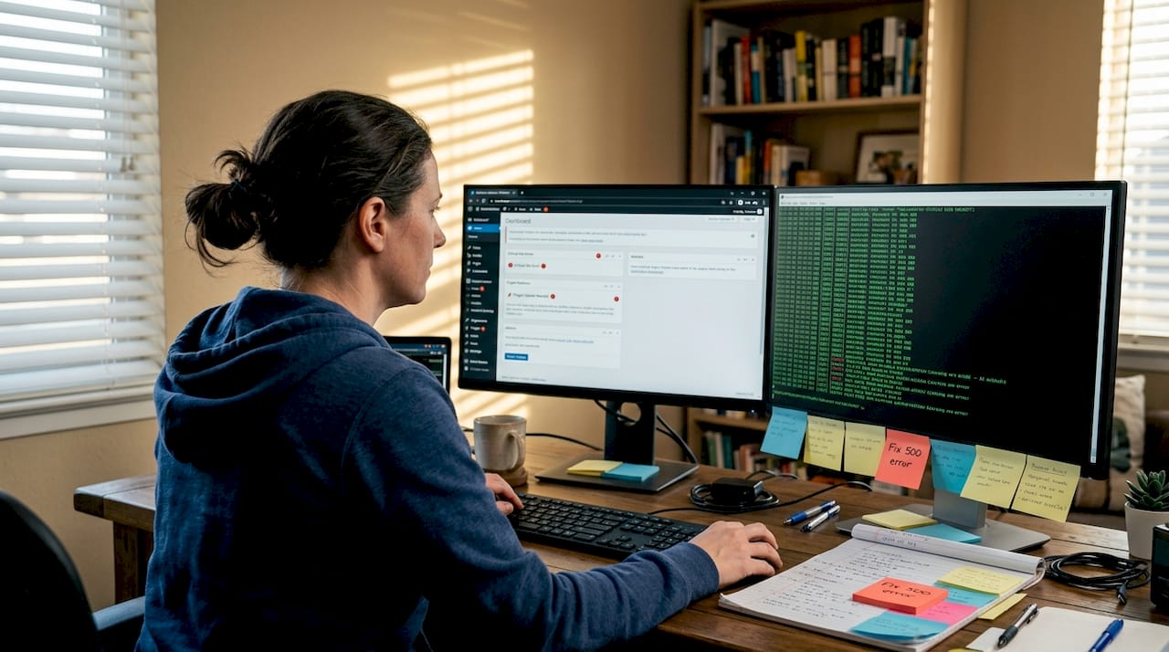 IT specialist monitoring WordPress server on dual screens