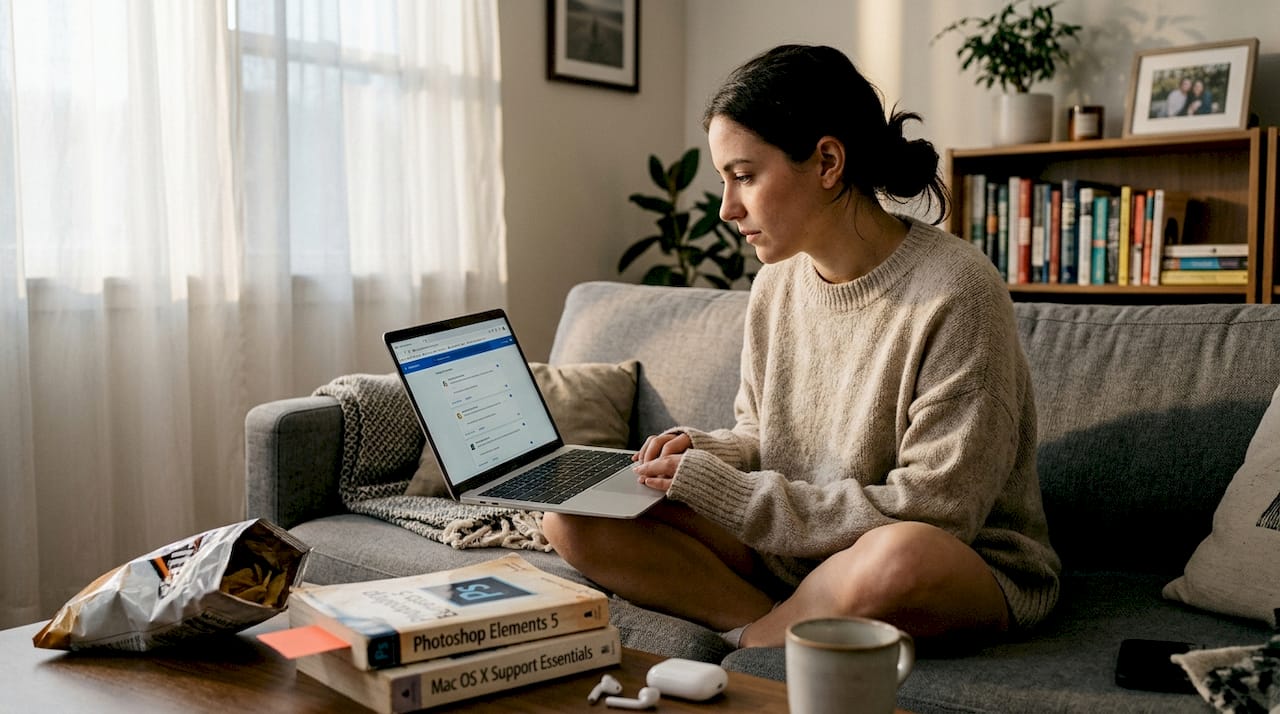 Woman removing WordPress plugins on couch