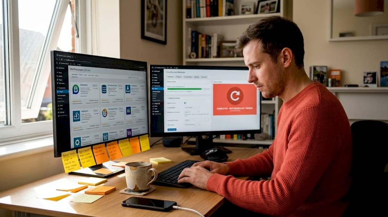 Person reviewing WordPress backup tools at home office