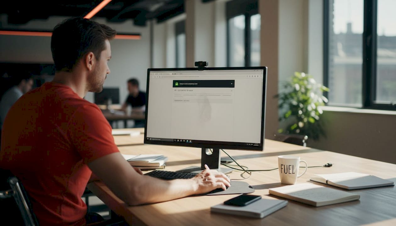 Office worker reviews SSL certificate screen