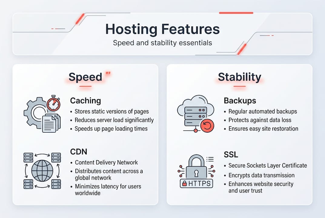 Infographic with hosting speed and stability features