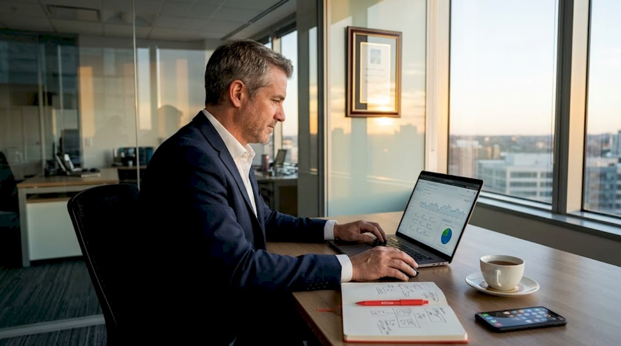 Business owner reviewing website analytics in modern office