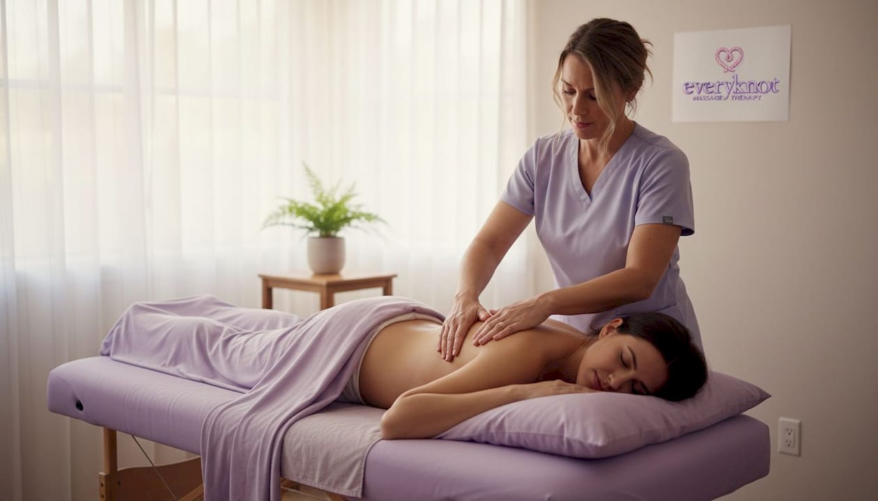 Massage therapist providing prenatal massage in studio
