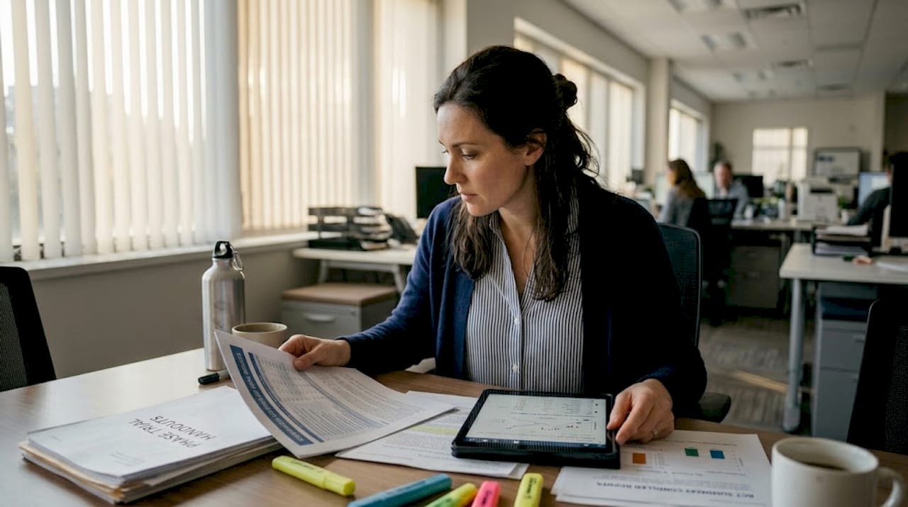 Clinical researcher reviews RCT summary at desk