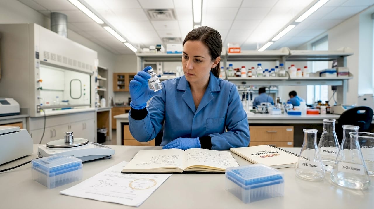 Scientist reviews tirzepatide vial in lab