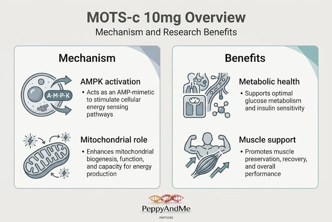 Infographic explaining MOTS-c 10mg benefits and mechanism