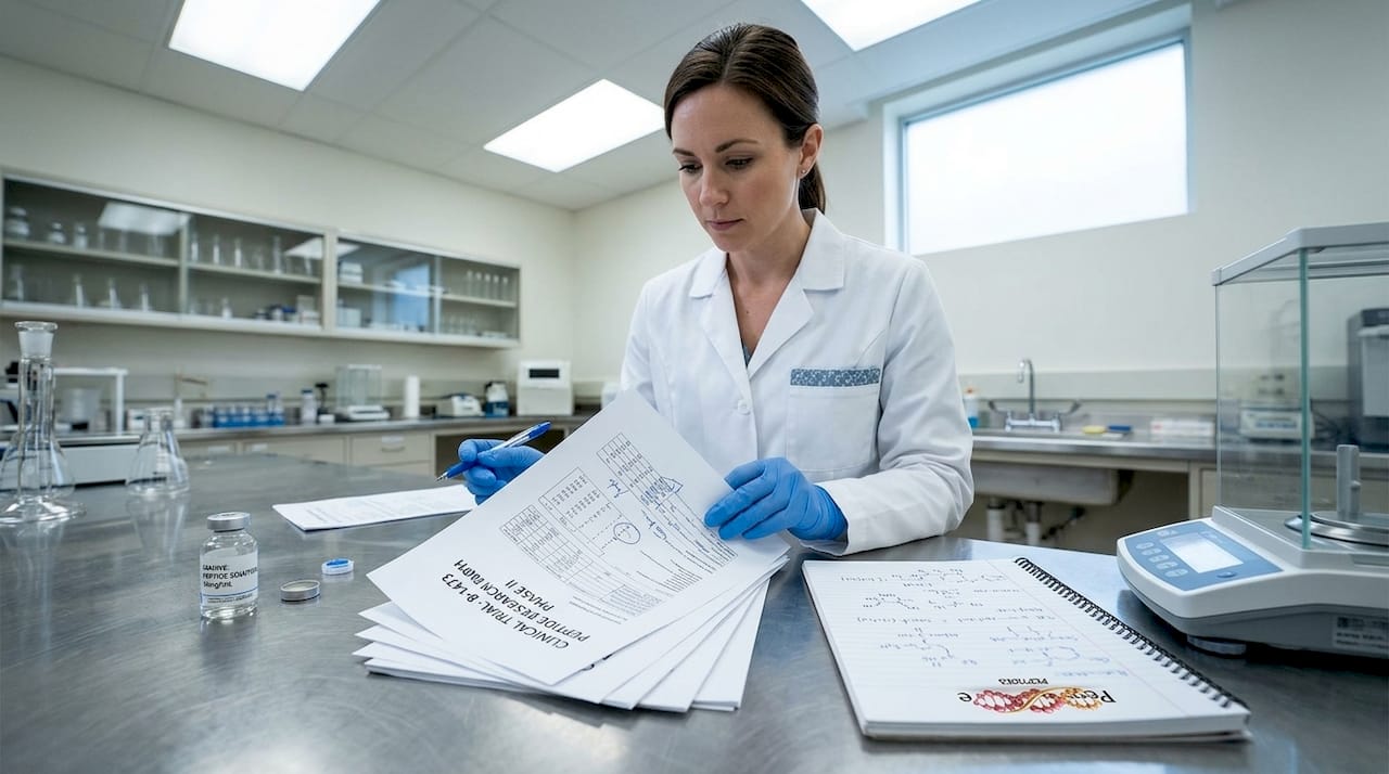 Lab technician reviews peptide research reports at lab bench