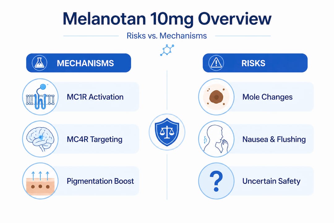 Infographic comparing mechanisms and risks of Melanotan 10mg