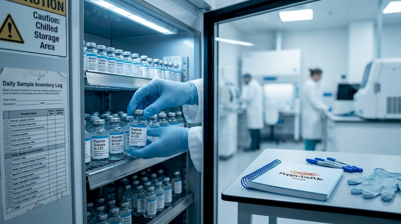 Lab technician storing labeled peptide vials in fridge