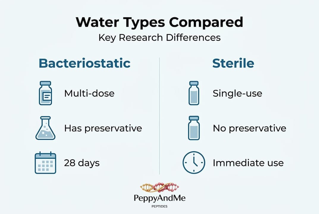 Infographic comparing bacteriostatic and sterile water research use