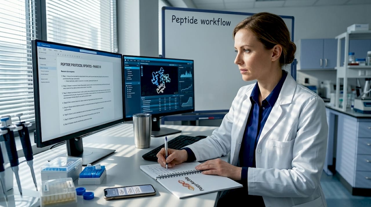 Researcher tracking compliance tasks at workstation