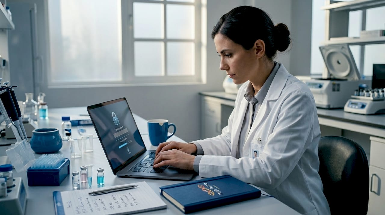 Scientist encrypting research data at lab workbench