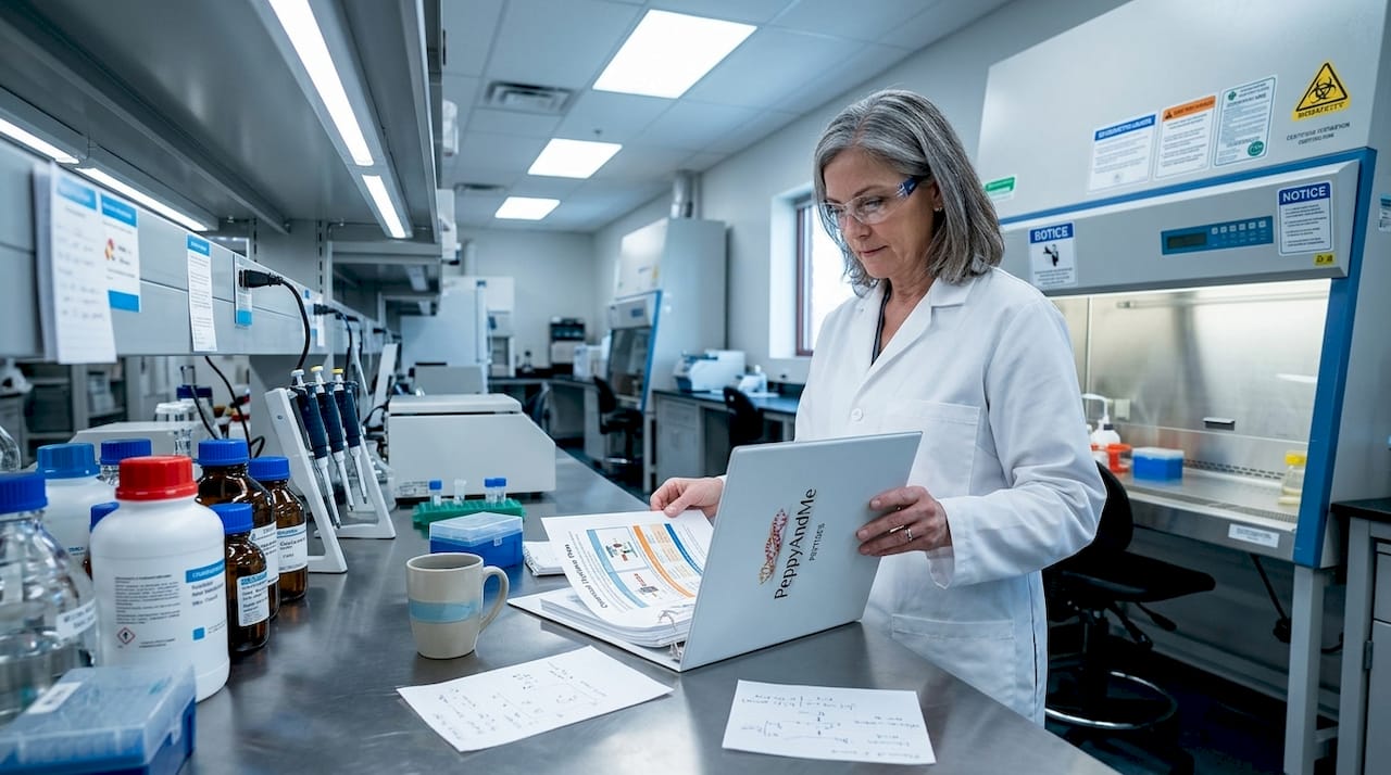 Lab manager reviewing chemical hygiene plan binder