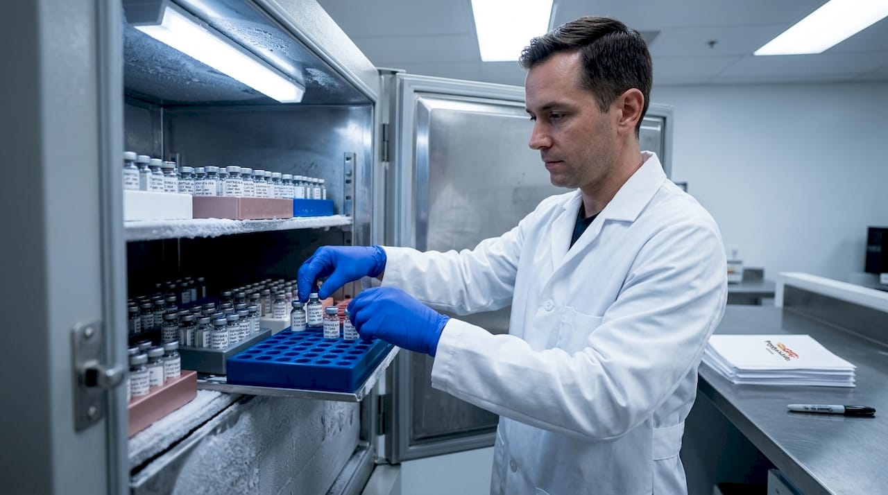 Technician sorts peptide vials in freezer