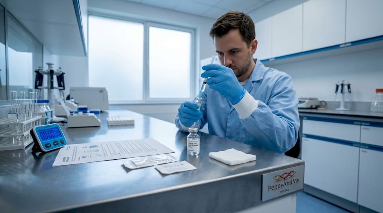 Scientist prepares peptide vial in research lab