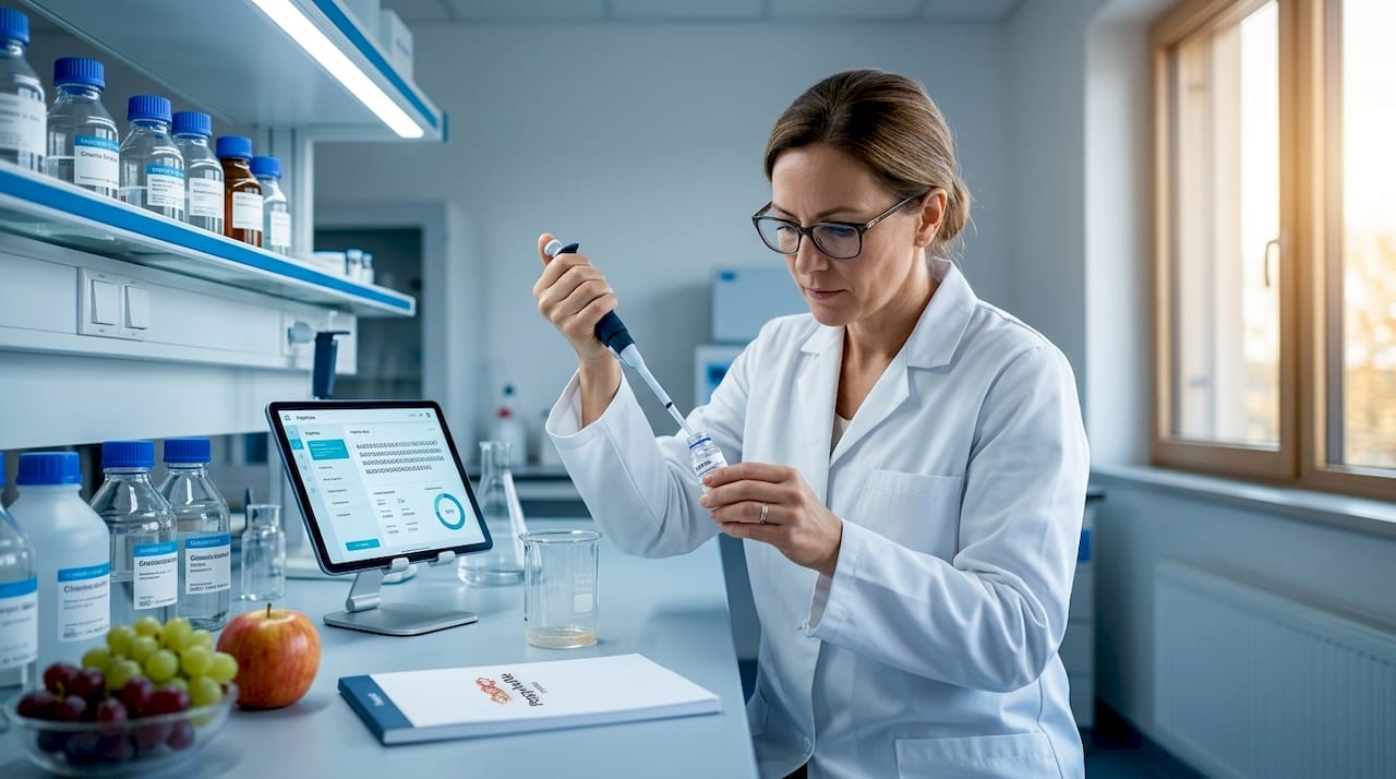 Scientist handling peptides at busy laboratory bench