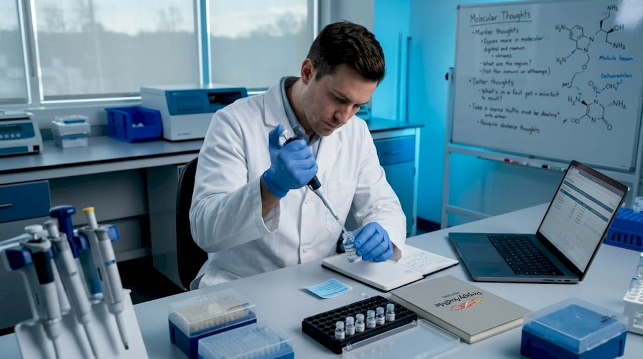 Researcher preparing Semax sample in bright laboratory