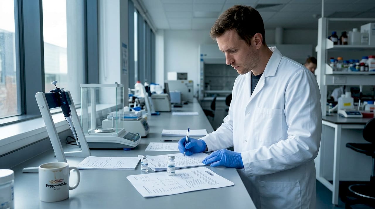 Lab technician examines peptide batch paperwork