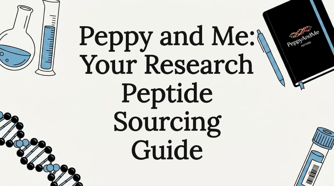 Decorative title card with lab and peptide elements