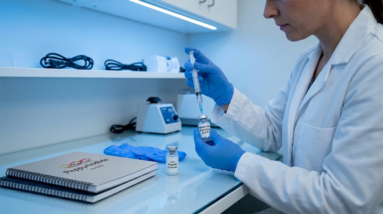 Lab technician reconstitutes peptides with BACS water