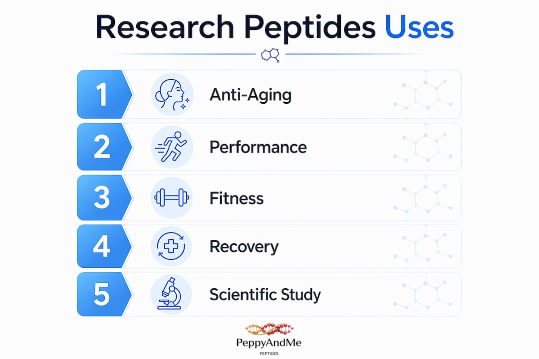 Infographic showing key uses of research peptides
