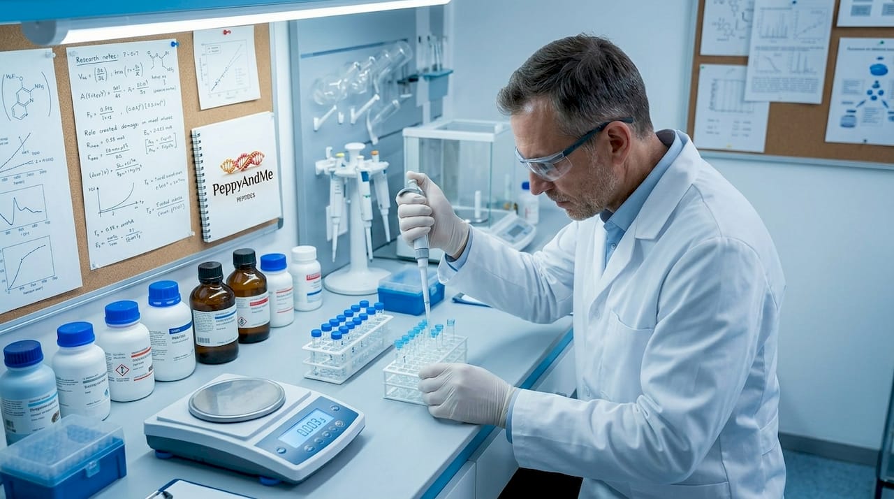 Lab technician testing peptides carefully