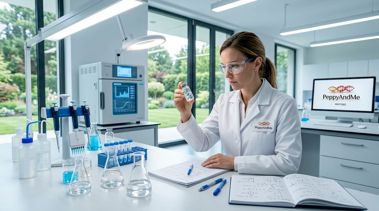Scientist analyzing peptide vial in lab