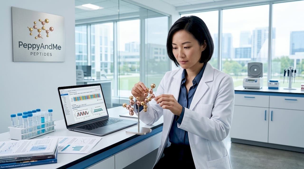 Scientist analyzing peptide molecular model