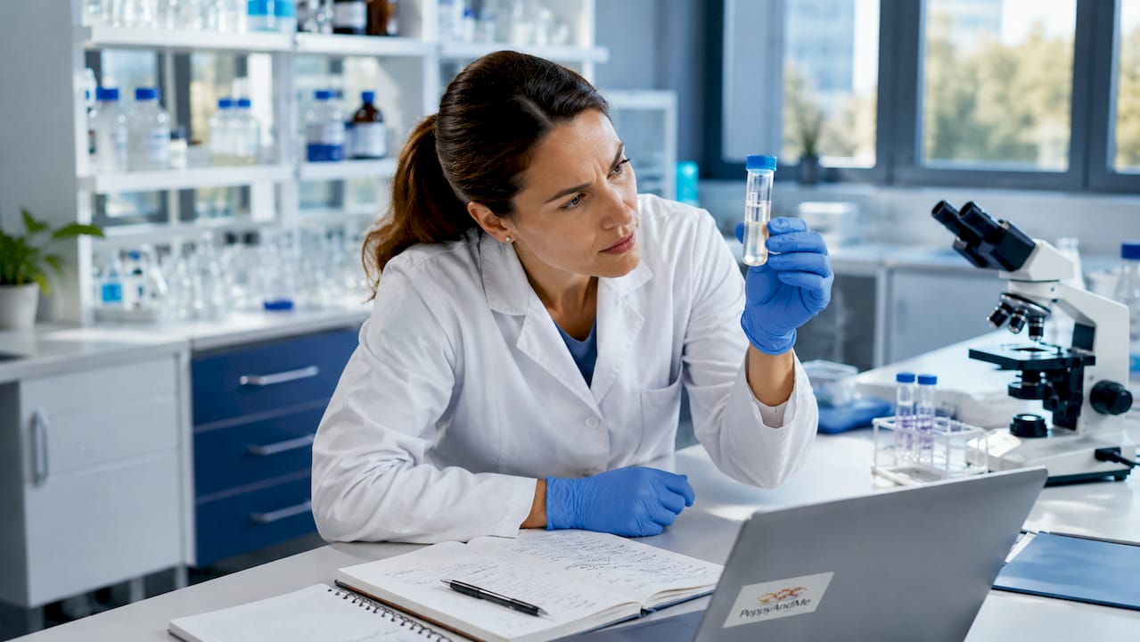 Scientist examining peptide solution in lab
