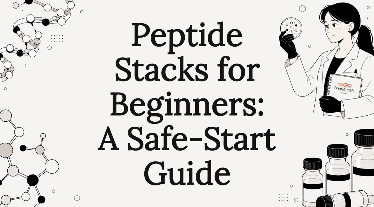 Decorative peptide stacks title card illustration
