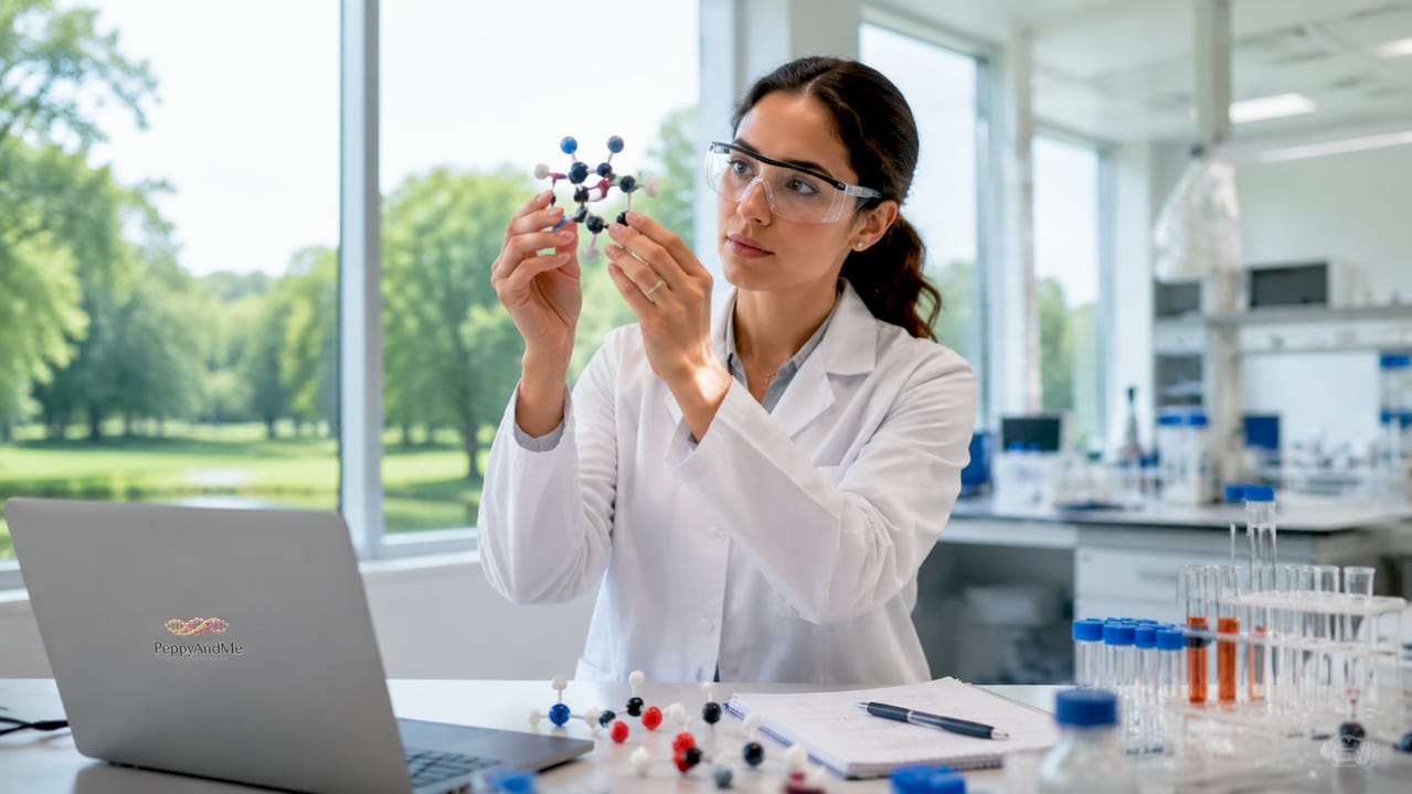 Scientist examining molecular model in bright lab