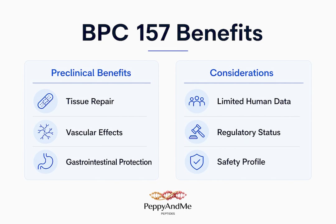 Infographic comparing preclinical benefits and considerations of BPC 157
