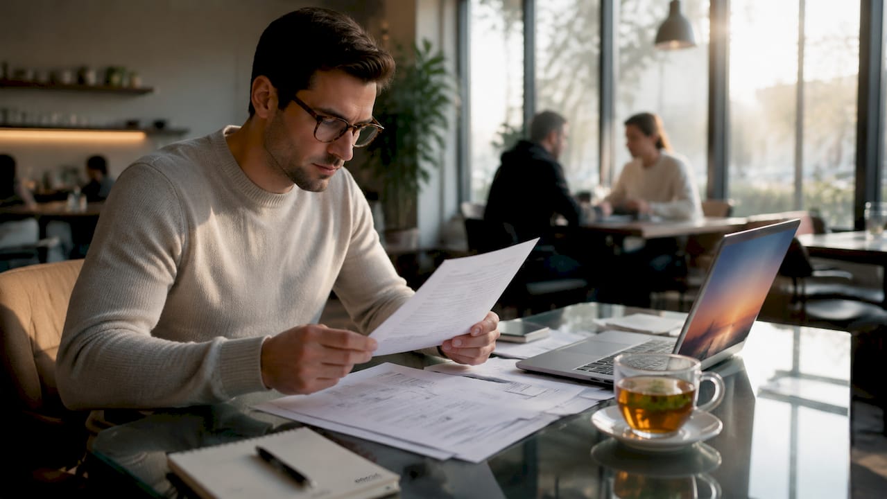 Entrepreneur studying peptide fulfillment papers at home desk