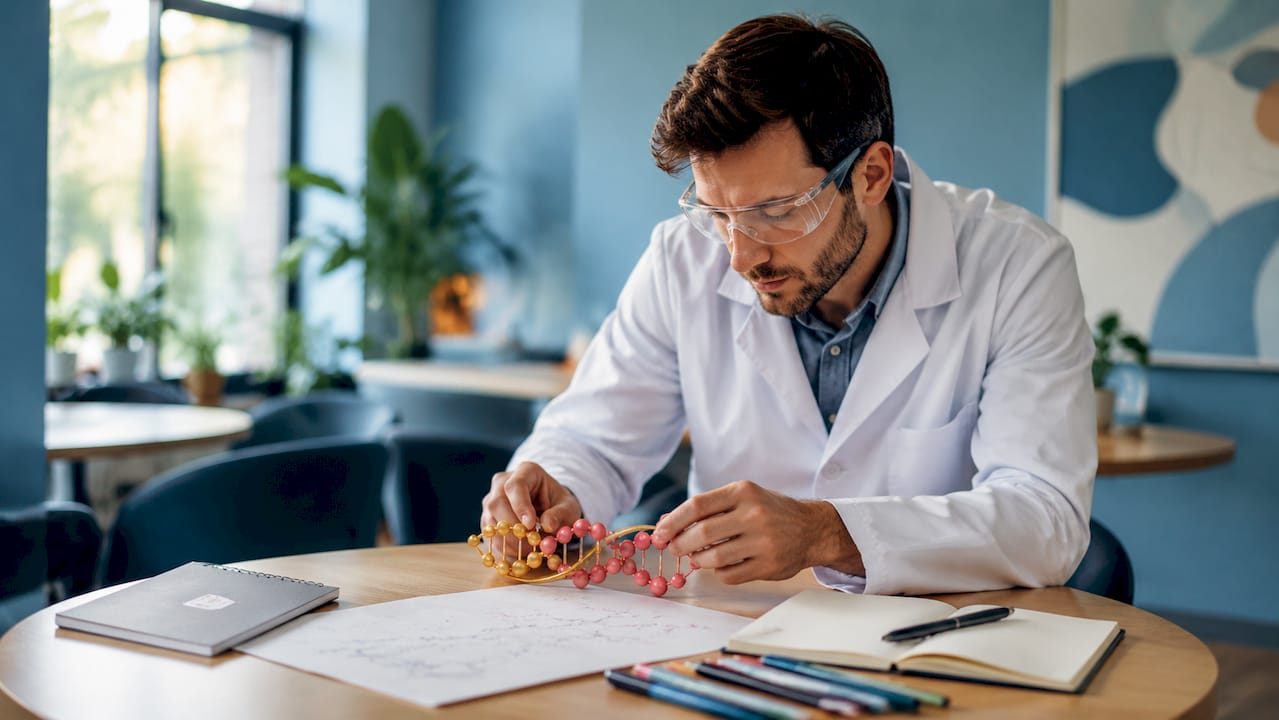 Biomedical researcher studying peptide model in lab