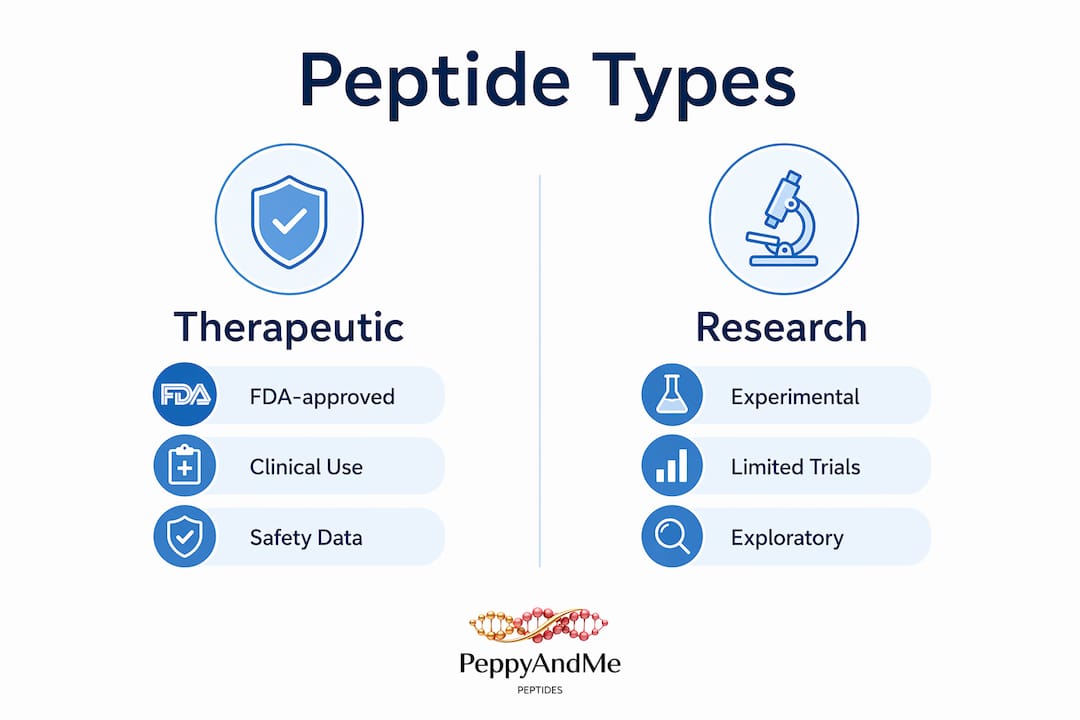 Infographic comparing therapeutic and research peptides