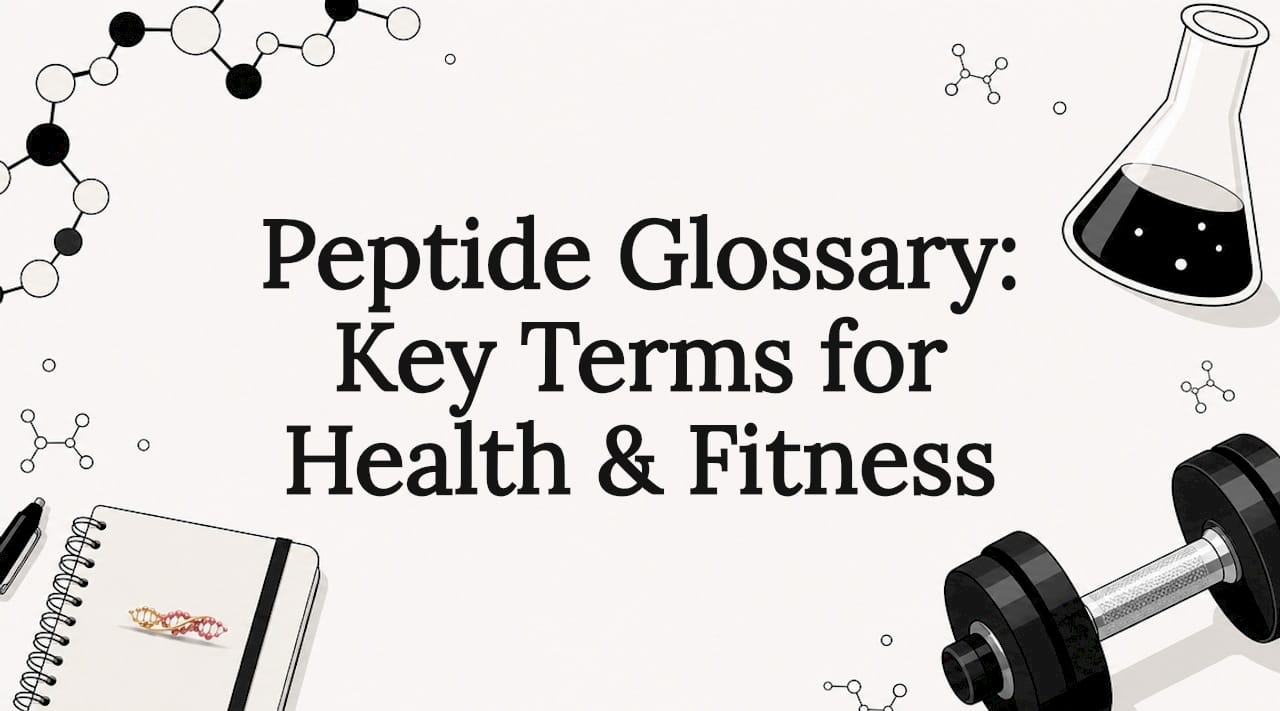 Decorative title card illustration with peptide motifs
