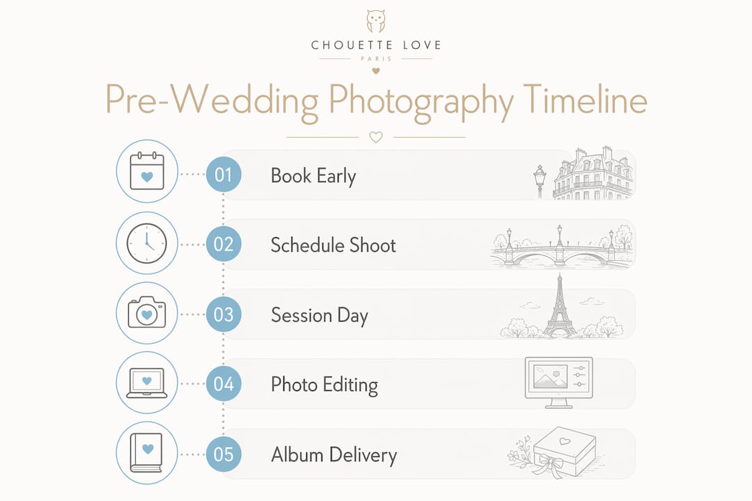 Infographic illustrating pre-wedding photography timeline steps