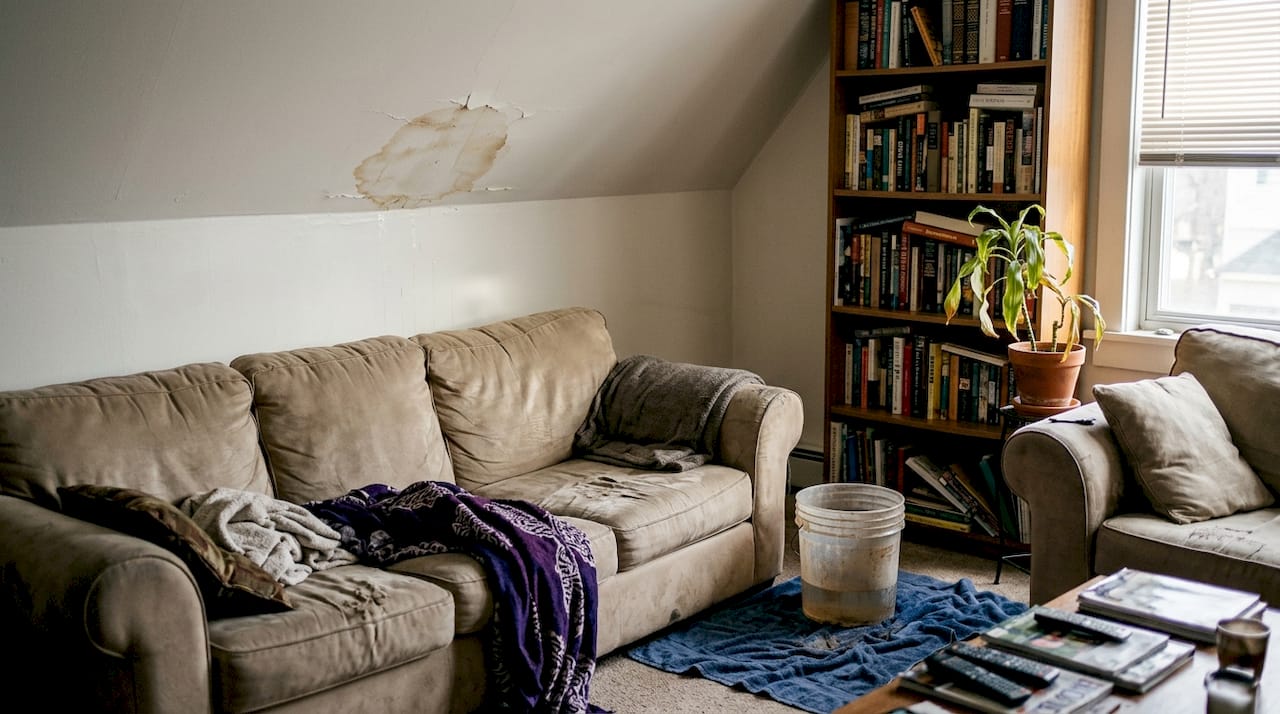 Ceiling water stain with drip bucket below