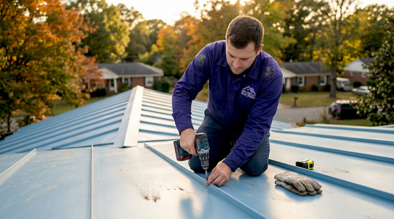 Roofer installing new metal roof panel