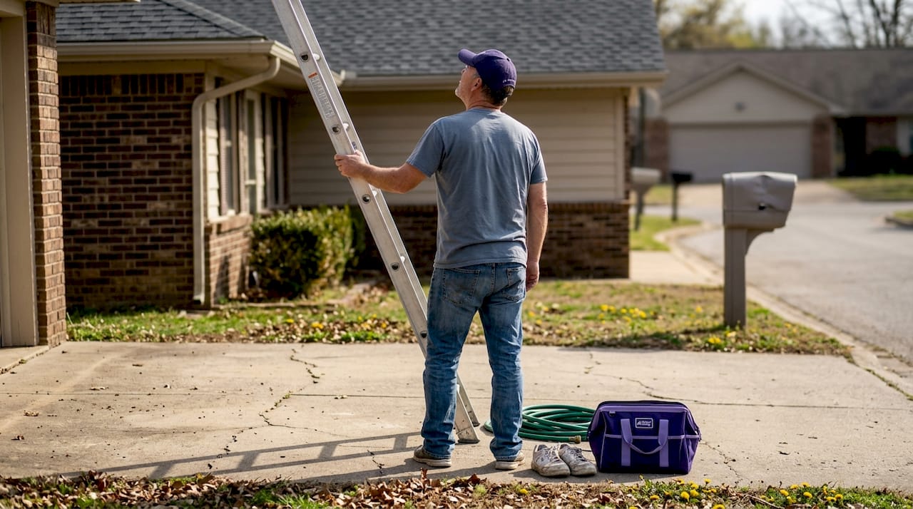 Homeowner inspecting roof from ladder