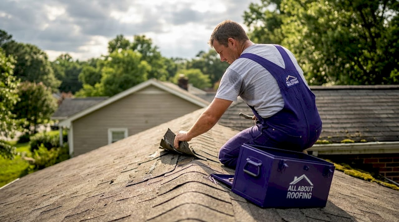 Expert examining weather-damaged shingles