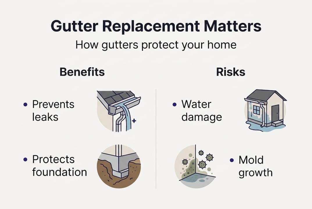 Infographic showing gutter replacement benefits and risks