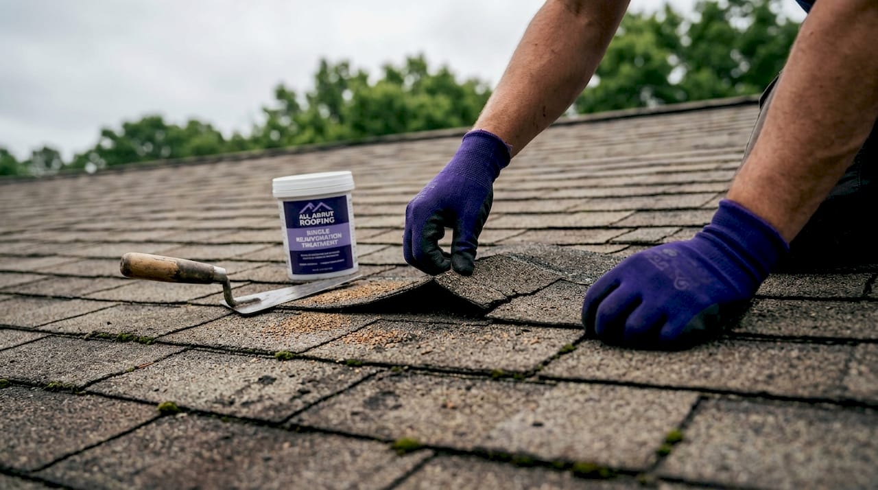 Gloved hands inspect cracked asphalt roof shingle