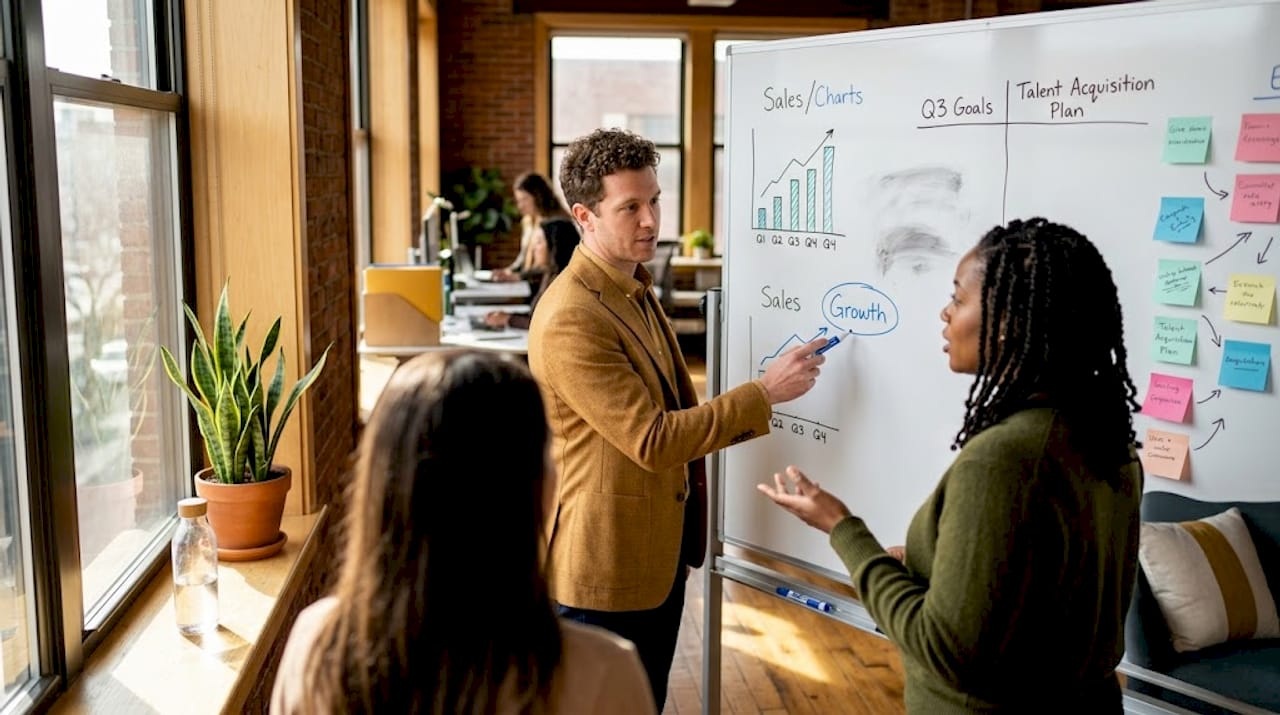 Small team discussing business growth at whiteboard