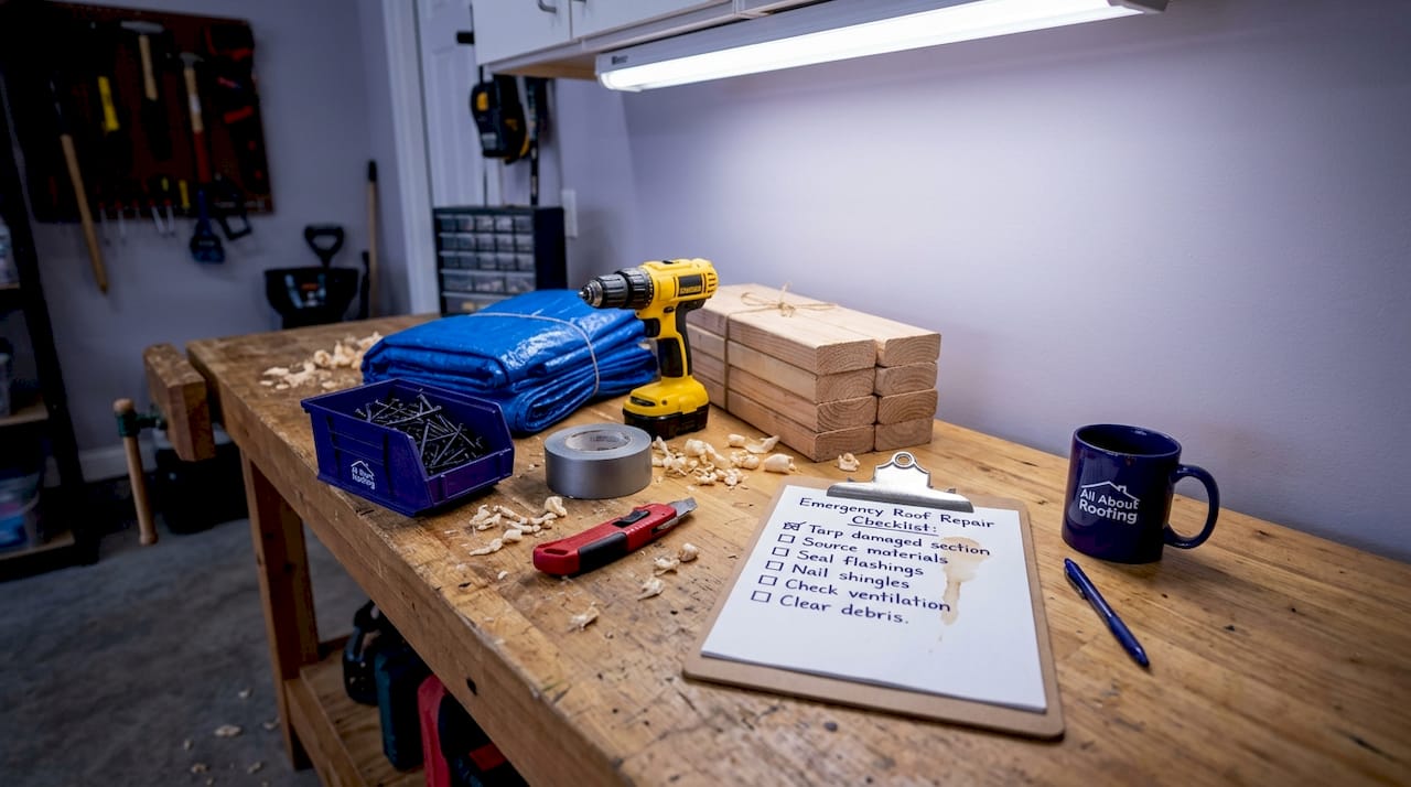 Workbench with tarp, tools, and checklist for repairs