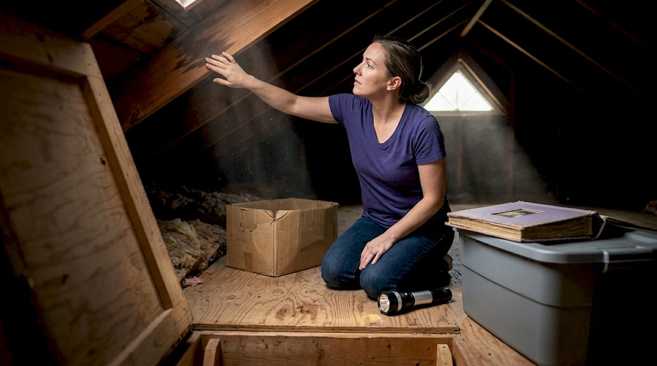 Homeowner checking attic water damage
