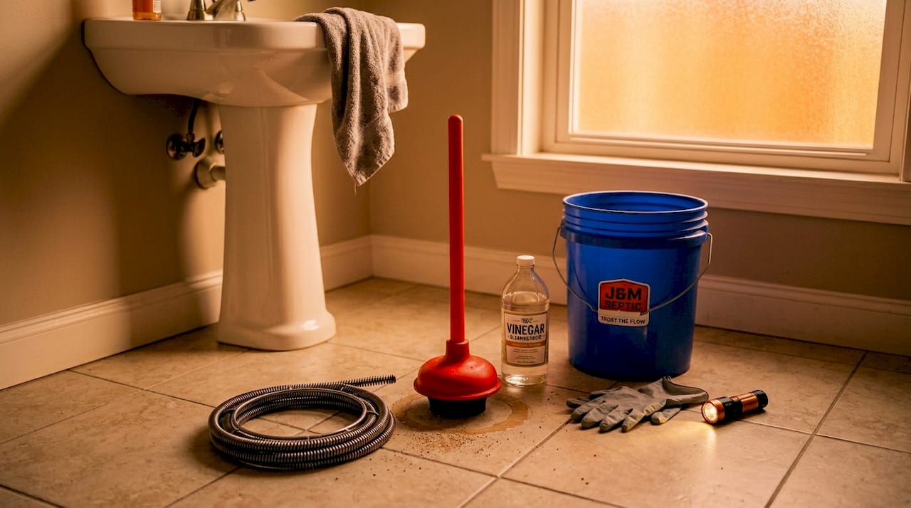 Drain clearing tools displayed on bathroom floor