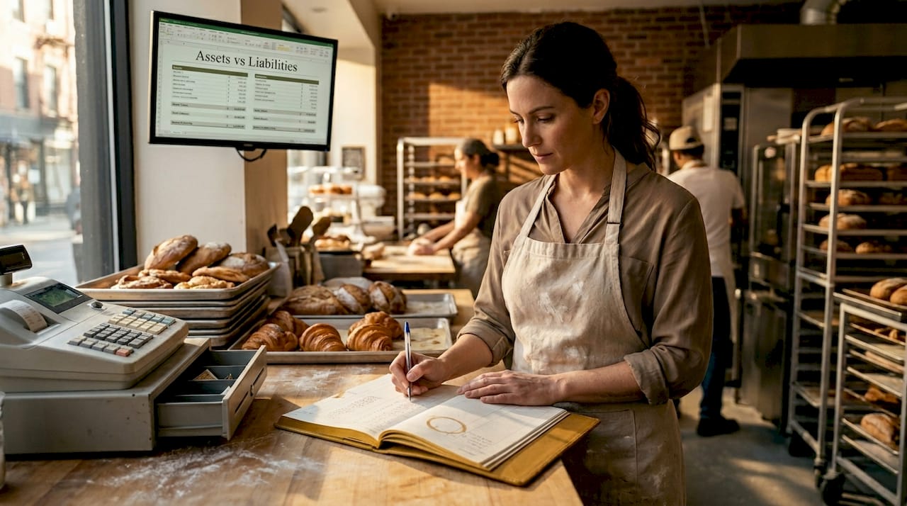 Bakery owner tallying assets and liabilities