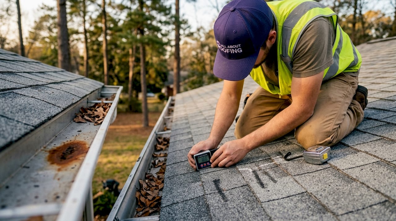 Roofing contractor measures roof slope with tool