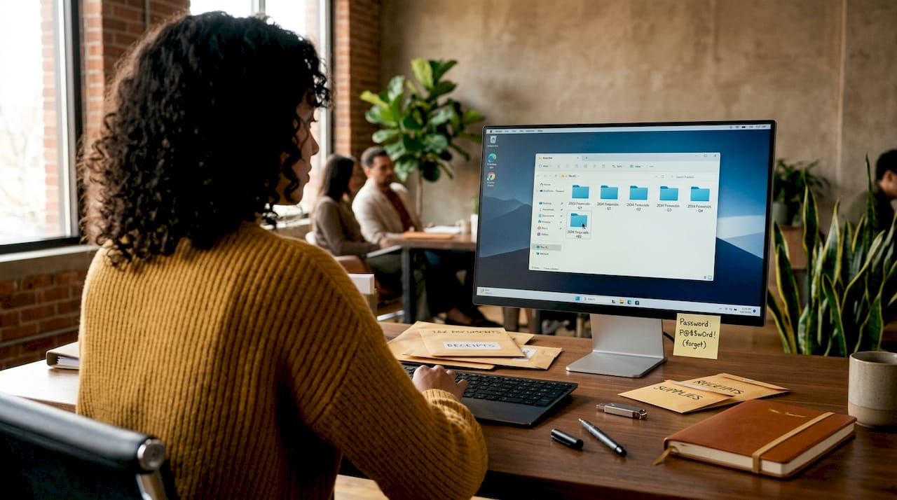 Entrepreneur organizes digital business documents